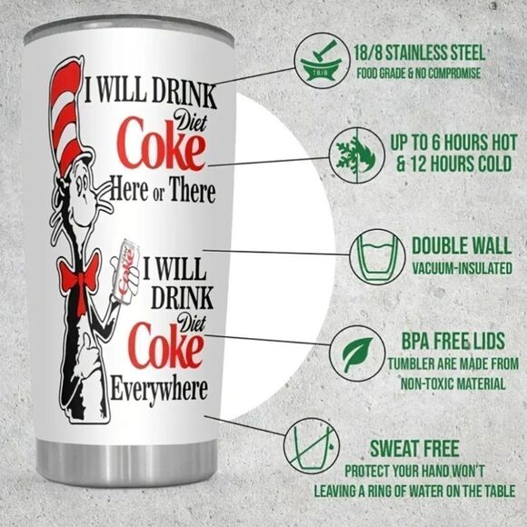 20 Oz Insulated Vacuum-Sealed Stainless Steel Cat in the Hat Diet Coke Tumbler - Picture 4 of 5